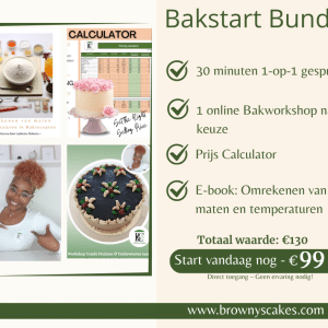 Flyer van de Bakstart Bundel van Browny’s Cakes met fotocollage van producten, lijst met inbegrepen items, totaalwaarde en speciale aanbiedingsprijs van €99.