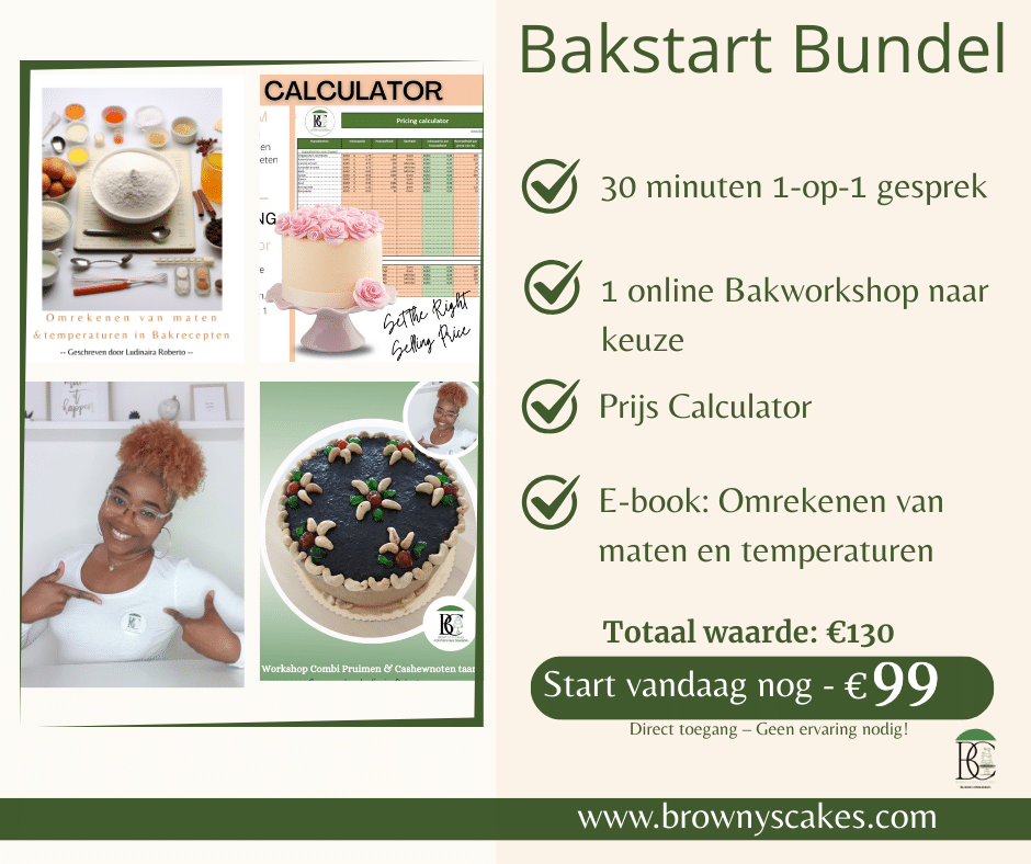 Flyer van de Bakstart Bundel van Browny’s Cakes met fotocollage van producten, lijst met inbegrepen items, totaalwaarde en speciale aanbiedingsprijs van €99.
