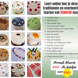 Overzicht van 15 traditionele taarten die je leert maken in een online bakworkshop, waaronder Bolo Borracho, Red Velvet, Tres Leches en Sabor di Pudding en Likeur.