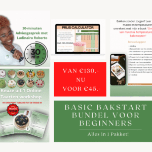 Promotieafbeelding van de Basic Bakstart Bundel voor Beginners van Browny’s Cakes met een online taartworkshop naar keuze, een 30-minuten adviesgesprek, een prijs calculator en het e-book Omrekenen van Maten & Temperaturen.