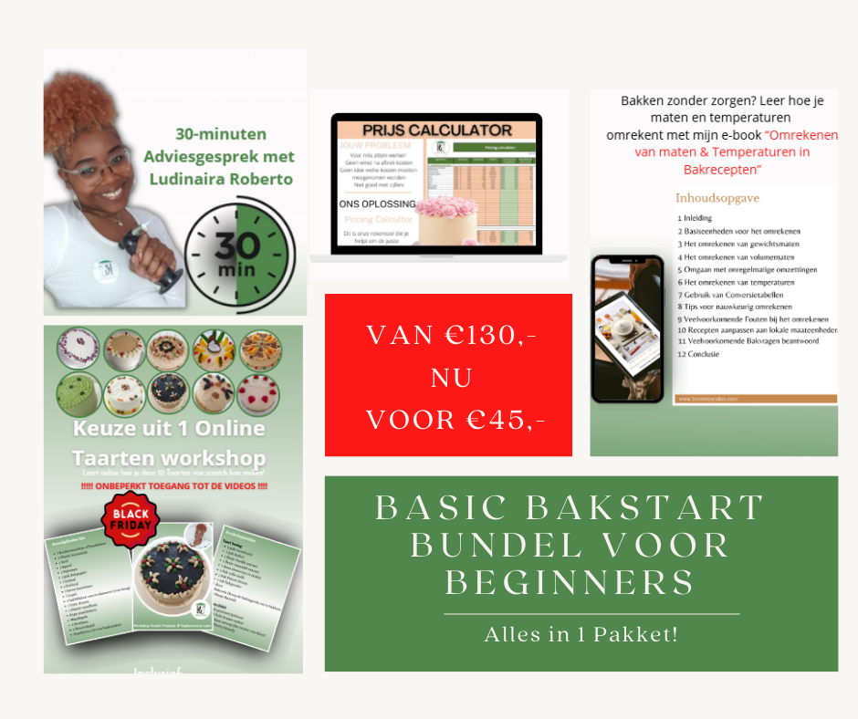 Promotieafbeelding van de Basic Bakstart Bundel voor Beginners van Browny’s Cakes met een online taartworkshop naar keuze, een 30-minuten adviesgesprek, een prijs calculator en het e-book Omrekenen van Maten & Temperaturen.