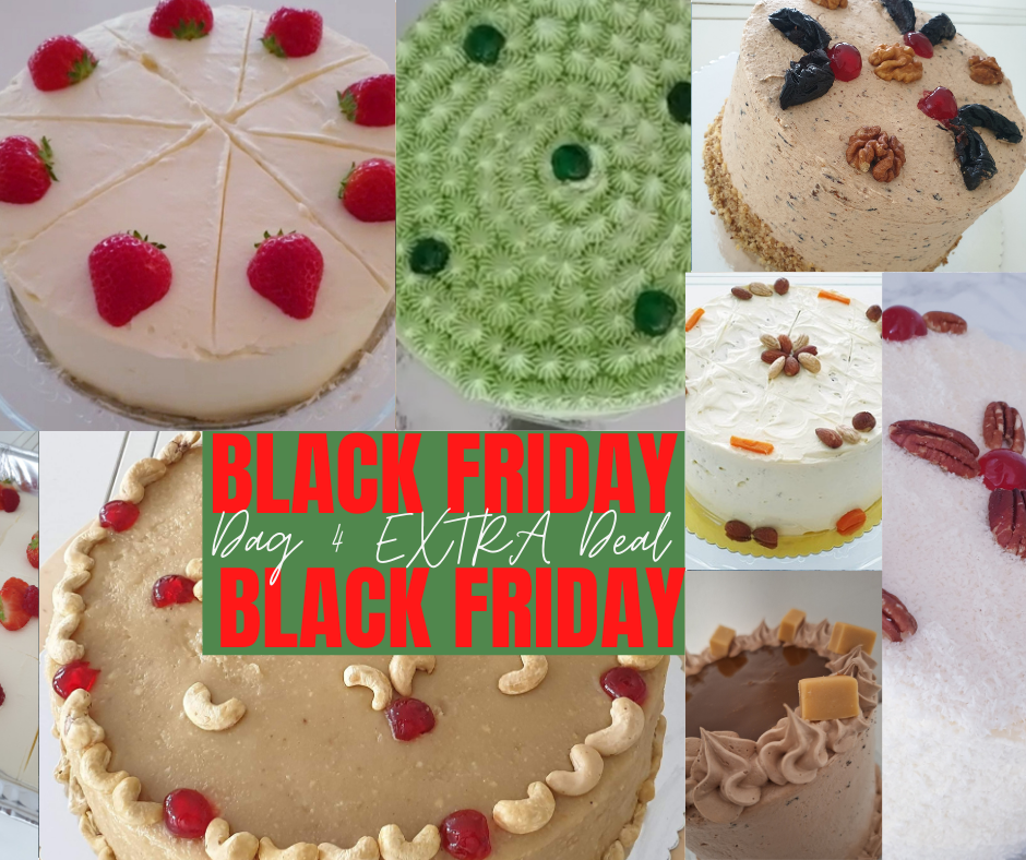 Collage van verschillende taarten met in het midden de tekst Black Friday Dag 4 Extra Deal van Browny’s Cakes.