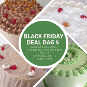 Vier verschillende taarten met in het midden een promotie voor de Black Friday Deal Dag 5 van Browny’s Cakes: voucher van €150, twee taarten voor de prijs van één.
