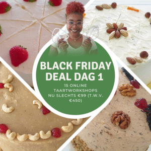 Vrouw glimlacht omhoog met gouden en groene cadeaus rondom haar, promotie voor de Black Friday Sale van Browny’s Cakes met kortingen tot 80%.