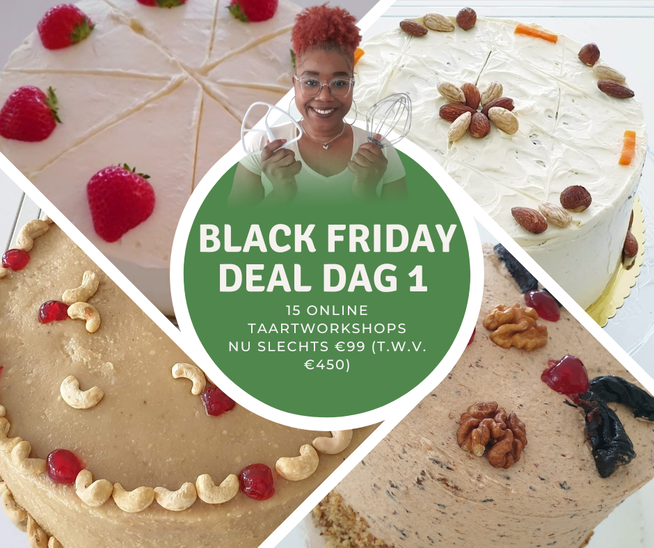 Vrouw glimlacht omhoog met gouden en groene cadeaus rondom haar, promotie voor de Black Friday Sale van Browny’s Cakes met kortingen tot 80%.