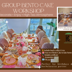 Group Bento Cake workshop in Amsterdam where participants decorate their own Bento Cake during a high tea experience, including lunch, certificate, and cake to take home.
