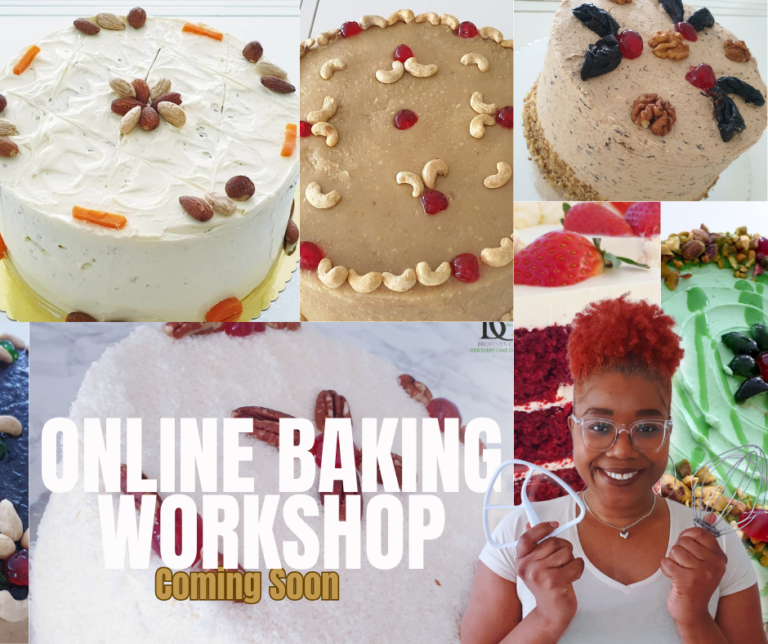 Collage of decorated cakes topped with nuts, cherries, coconut, and fruit, alongside a smiling baker holding a whisk and mixer. Text reads “Online Baking Workshop – Coming Soon.