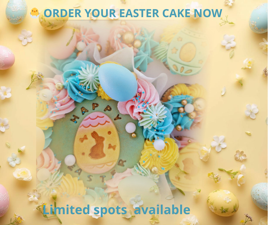 Colorful Easter cake decorated with pastel frosting, Easter eggs, and bunny design with text Order your Easter cake now and limited spots available.